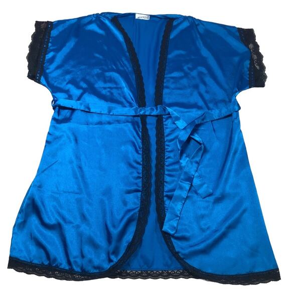 Lily of France vintage blue satin silky black lace robe large - Picture 3 of 7